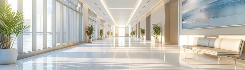 Fototapeta premium Bright and airy hospital corridor, with clean lines and soft natural lighting, evoking a sense of tranquility and care