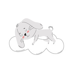 A cartoon smiling rabbit sleeping on a cloud. Cute bunny character. Simple vector illustration isolated on a white background.