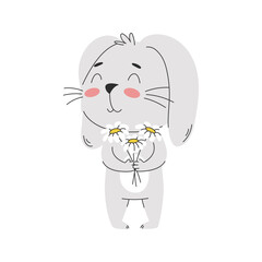 A cartoon smiling rabbit is holding a bouquet of daisies. Cute bunny character. Simple vector illustration isolated on white