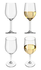 Glass with white wine on isolated transparent background. Set of empty glasses and with drink in different angles. Bar theme. 3d rendering.