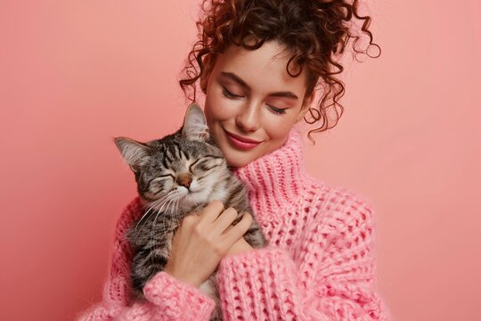 Smiling woman in pink sweater holding and cuddling a relaxed tabby cat against a pastel pink background. Influencer and Petfluencer.