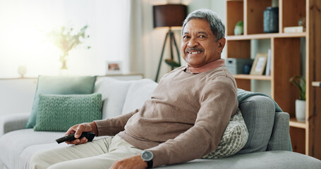 Elderly, man and portrait on home sofa, relaxing and calm pensioner in retirement house for rest on...
