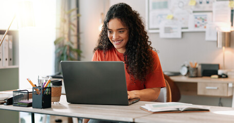 Research, smile and woman at desk with laptop, communication and update in office. Female...