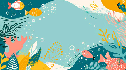 Naklejka premium Abstract blue underwater world with bright colorful fishes and plants. Banner with copy space. Environment concept. World Ocean day.