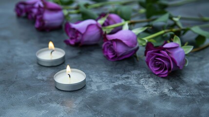 Serene purple roses with lit candles on textured background