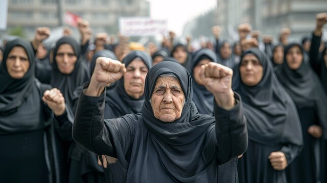 Group of iranian muslim women protesting in the streets.