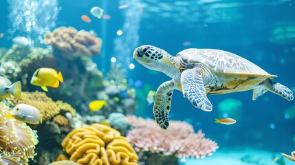 Fototapeta premium Oceanic Adventure: A scuba diver exploring a colorful coral reef, with various fish and marine creatures, and copy space beside the diver The wonders of nature, animals and ecosyst
