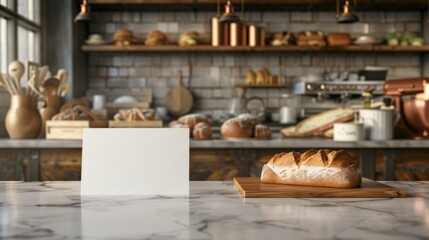 Fototapeta premium Artisan Bakery Kitchen Blank Business Cards Marble Countertop and Copper Mixing Bowl