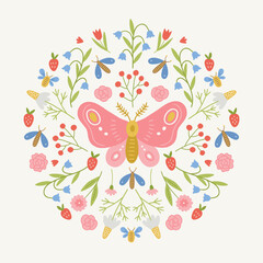 Floral greeting card with butterfly, berries, flowers, bees, strawberries, chamomile