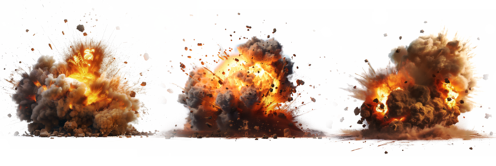 Realistic explosion effects on transparent background. Set of explosions and blasts