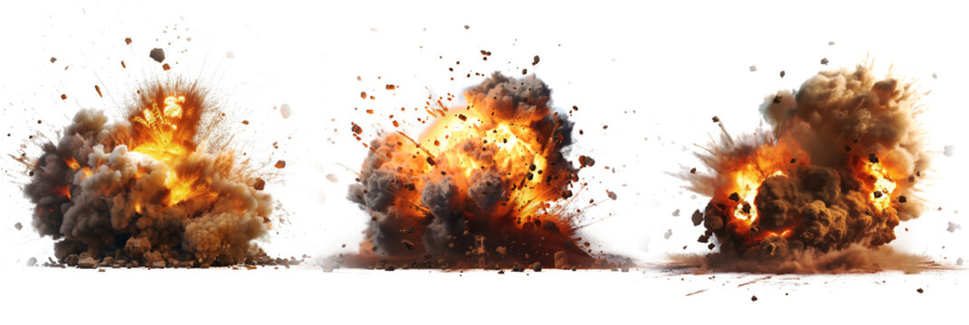 Realistic explosion effects on transparent background. Set of explosions and blasts