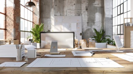 Modern Architect's Workspace Business Cards Models and Blueprints in Urban Office Setting