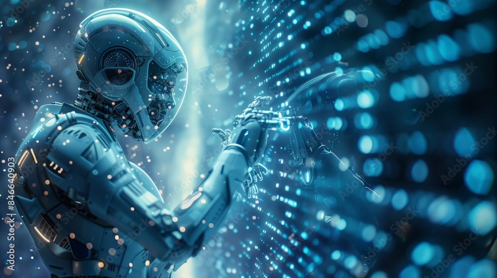 Poster a futuristic robot is using a holographic interface to control data, digital connections and artific