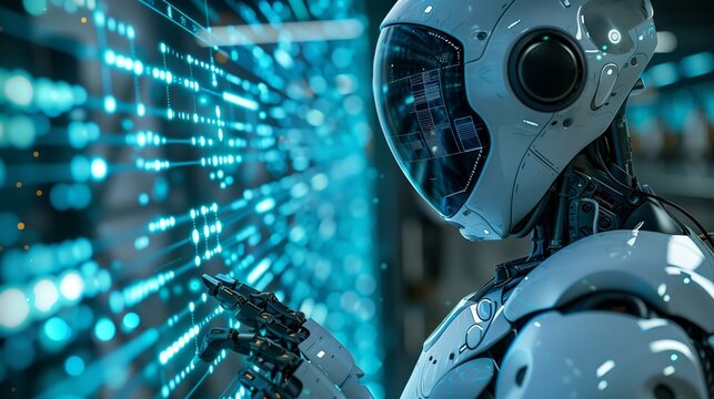 A futuristic robot is using a holographic interface to control data, digital connections and artificial intelligence technology.