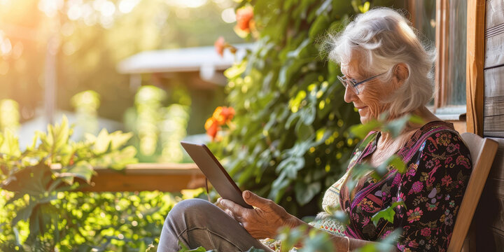 Portrait of a healthy older woman sitting outdoors and reading on her digital tablet