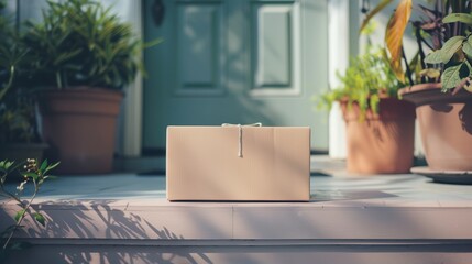 A simple brown package sits on the doorstep of a home surrounded by potted plants, illustrating delivery and shipping services.