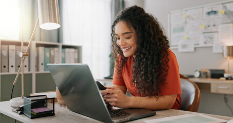 Business woman, laptop and smile for phone, communication and networking for startup in office....