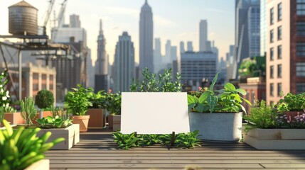 Fototapeta premium City Oasis Urban Rooftop Farm with Business Cards Herbs and Skyline Views