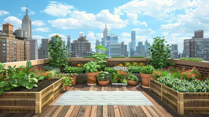 Fototapeta premium City Oasis Urban Rooftop Farm with Business Cards Herbs and Skyline Views