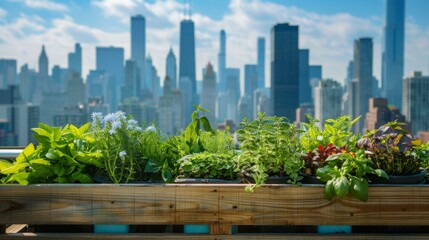 Fototapeta premium City Oasis Urban Rooftop Farm with Business Cards Herbs and Skyline Views