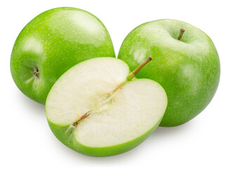 Two green apples and half of green apple on white background. File contains clipping path.