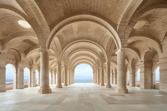 Serene hallway of an elegant classical architecture with arched columns