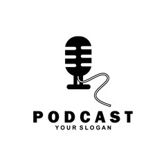 Podcast with microphone. Unique business podcast logo emblem design template.	