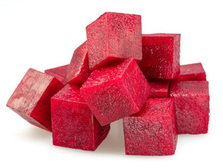 Raw red beetroot cubes isolated on white background.