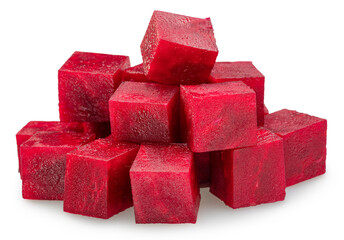 Raw red beetroot cubes isolated on white background. Clipping path.