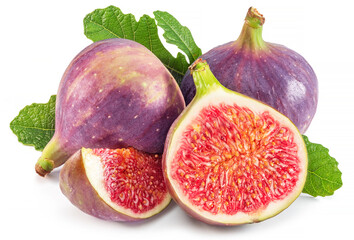 Fig fruits with fig leaves and slices of fig isolated on white background.