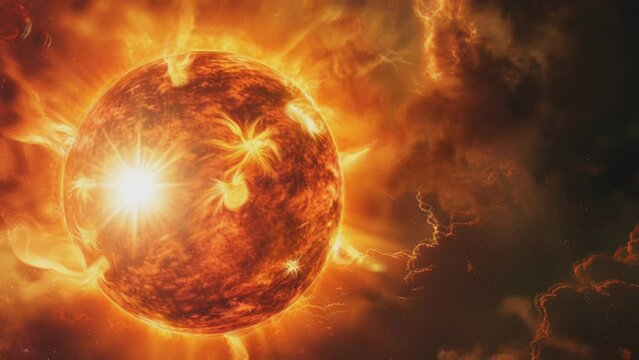 Radiant 4k time-lapse of glowing sun sphere amidst swirling orange-yellow gas
