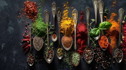 Crédence de cuisine Herbes Colorful spices and herbs in vintage spoons on a dark background,  © ifoto