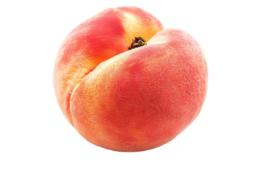 Close-up image of a single fresh peach with a blush of red and orange hues, isolated on a white background. Perfect for food and nutrition visuals.