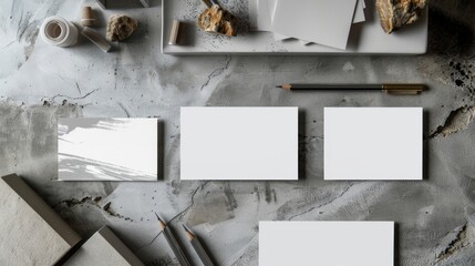 Sleek Modern Business Cards on Minimalist Concrete Surface with Drafting Tools Professional Architectural Design Concept