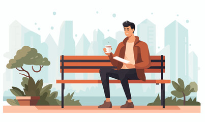 person on bench drinking coffee vector flat isolated illustration
