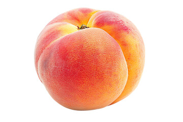 Fototapeta premium Close-up photo of a ripe peach against a white background. The peach has a soft, fuzzy skin with a mix of pink, orange, and yellow hues.