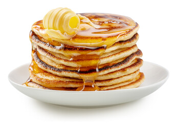 Pancakes with butter swirl on top on white plate. File contains clipping path
