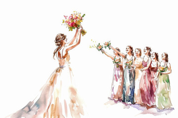 Joyous Tradition, Bride Tossing Bouquet, Single Guests Anticipation   Cute Ink Watercolor Illustration on White Background