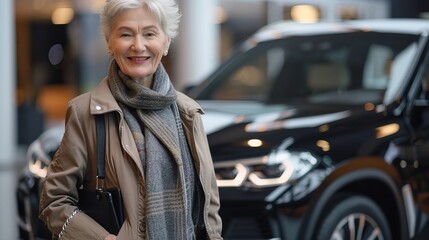 Elegant senior woman standing near a stylish modern car in an urban setting. Senior citizen lifestyle and transportation concept image. Perfect for marketing, advertising, and editorial purposes. AI