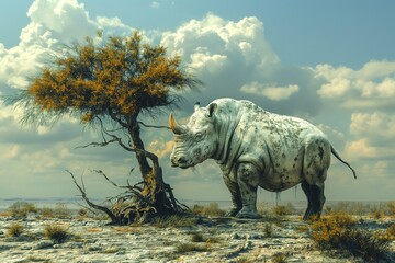 Fototapeta premium A white rhino stands on a thin branch of a withered tree in a dry savannah landscape.
