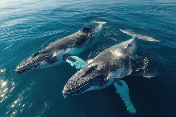 Fototapeta premium An aerial drone shot of a humpback whale and calf sleeping on the surface of the ocean.