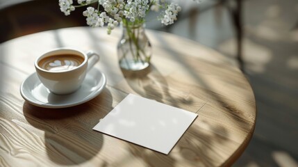 Professional Networking in a Cozy Cafe Blank Business Cards Cappuccino and Fresh Flowers on Table