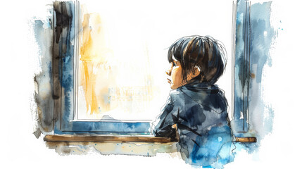 Daydreaming Child Gazing Out Classroom Window   Ink Watercolor Illustration on White Background