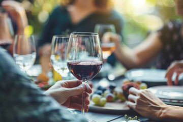 A close-up of a hand holding a glass of red wine during an outdoor gathering, with a blurred background of other glasses, plates, and vibrant greenery.