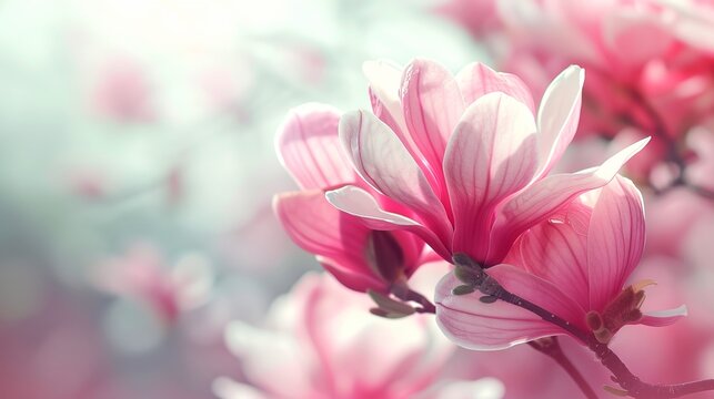 Beautiful pink magnolia flowers in bloom. Captivating close-up of delicate flower petals with soft bokeh background. Perfect for nature, spring, and floral designs in a romantic style. AI