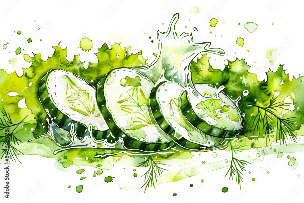 Wall mural Refreshing Cucumber Salad with Vinegar and Dill   Watercolor Illustration on White Background - Wall murals