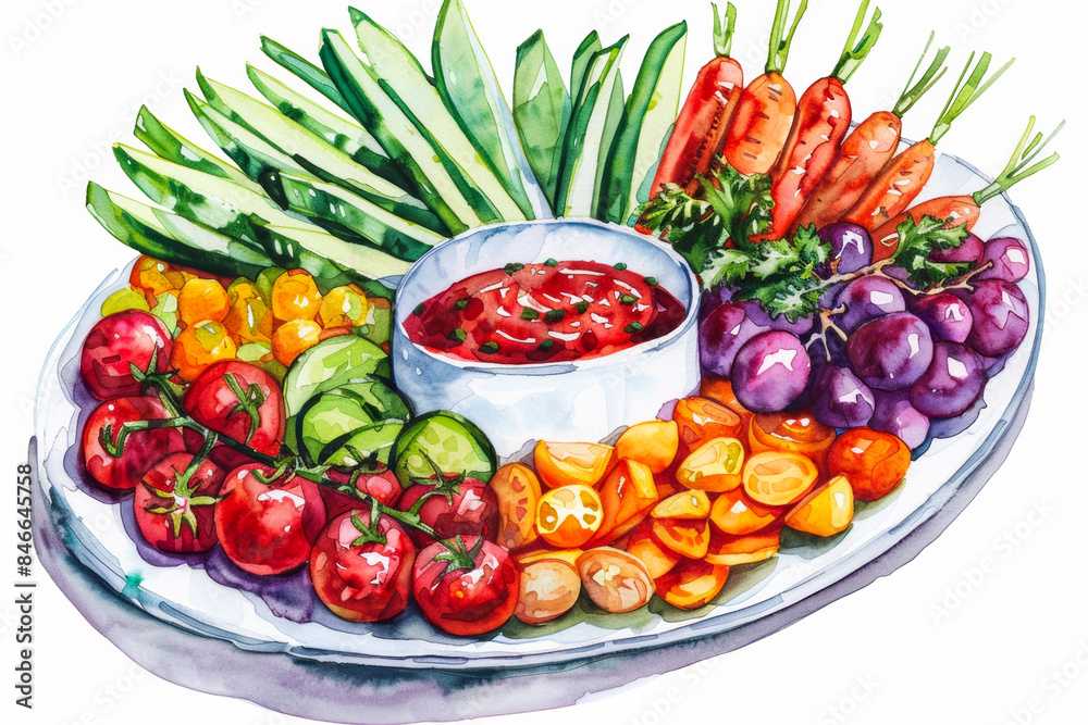 Wall mural Colorful Vegetable Crudite Platter with Dipping Sauce   Watercolor Illustration on White Background - Wall murals