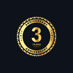 3rd anniversary logo with golden ring, confetti and red ribbon isolated on elegant black background, sparkle, vector design for greeting card and invitation