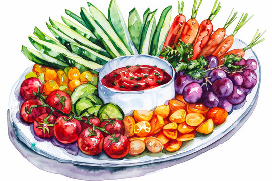 Colorful Vegetable Crudite Platter with Dipping Sauce   Watercolor Illustration on White Background