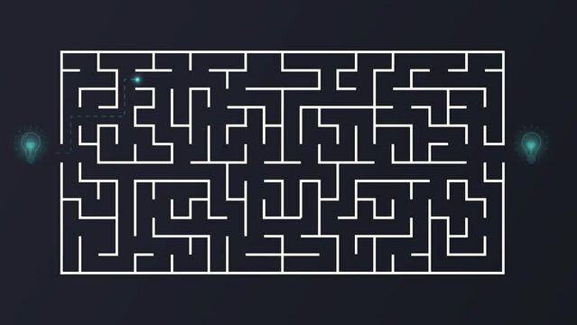 Labyrinth idea concept. Moving banner with maze with light bulbs. Creative path to solution. Metaphor of business project. Brainstorming and insight. Cartoon flat animated graphics